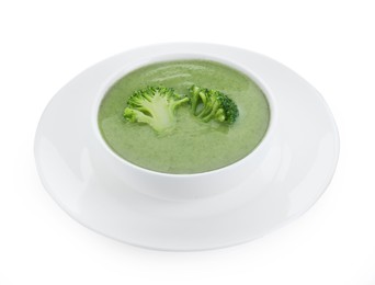 Photo of Delicious broccoli cream soup in bowl isolated on white