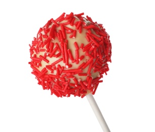 Photo of Tasty cake pop with red sprinkles isolated on white