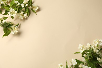 Photo of Aromatic jasmine flowers and green leaves on beige background, flat lay. Space for text