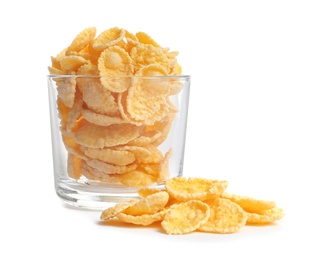 Photo of Glass with crispy cornflakes on white background