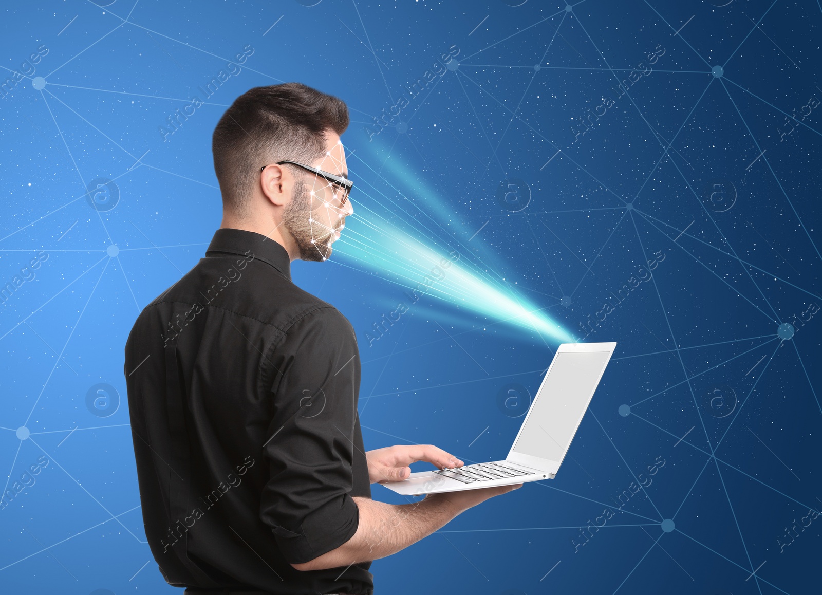 Image of Facial recognition system. Man using laptop on blue background 