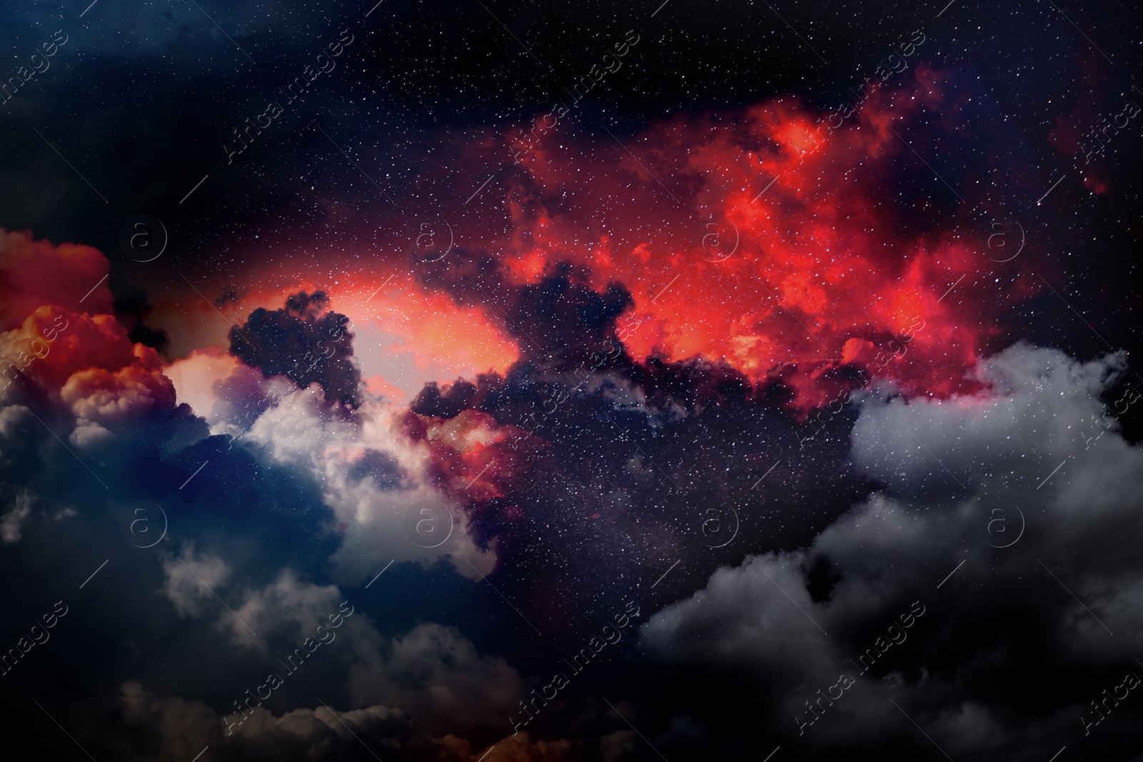 Image of Beautiful view of night sky with clouds and stars