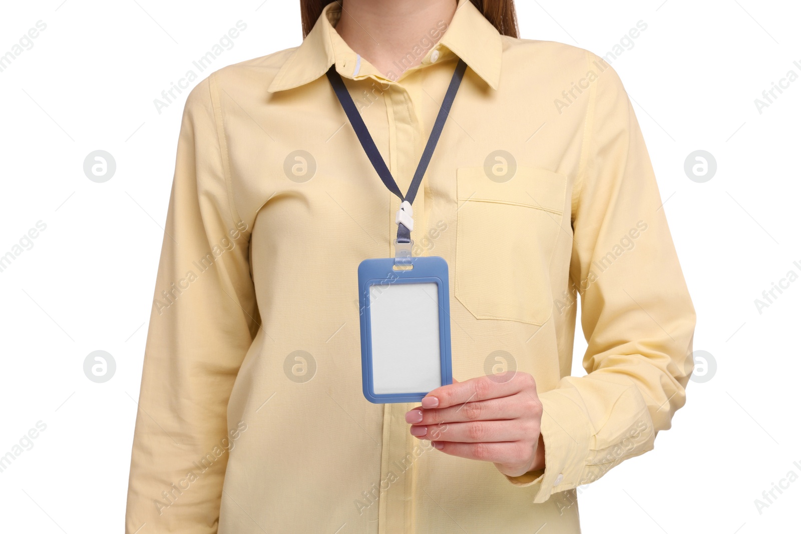 Photo of Woman with blank badge on white background, closeup