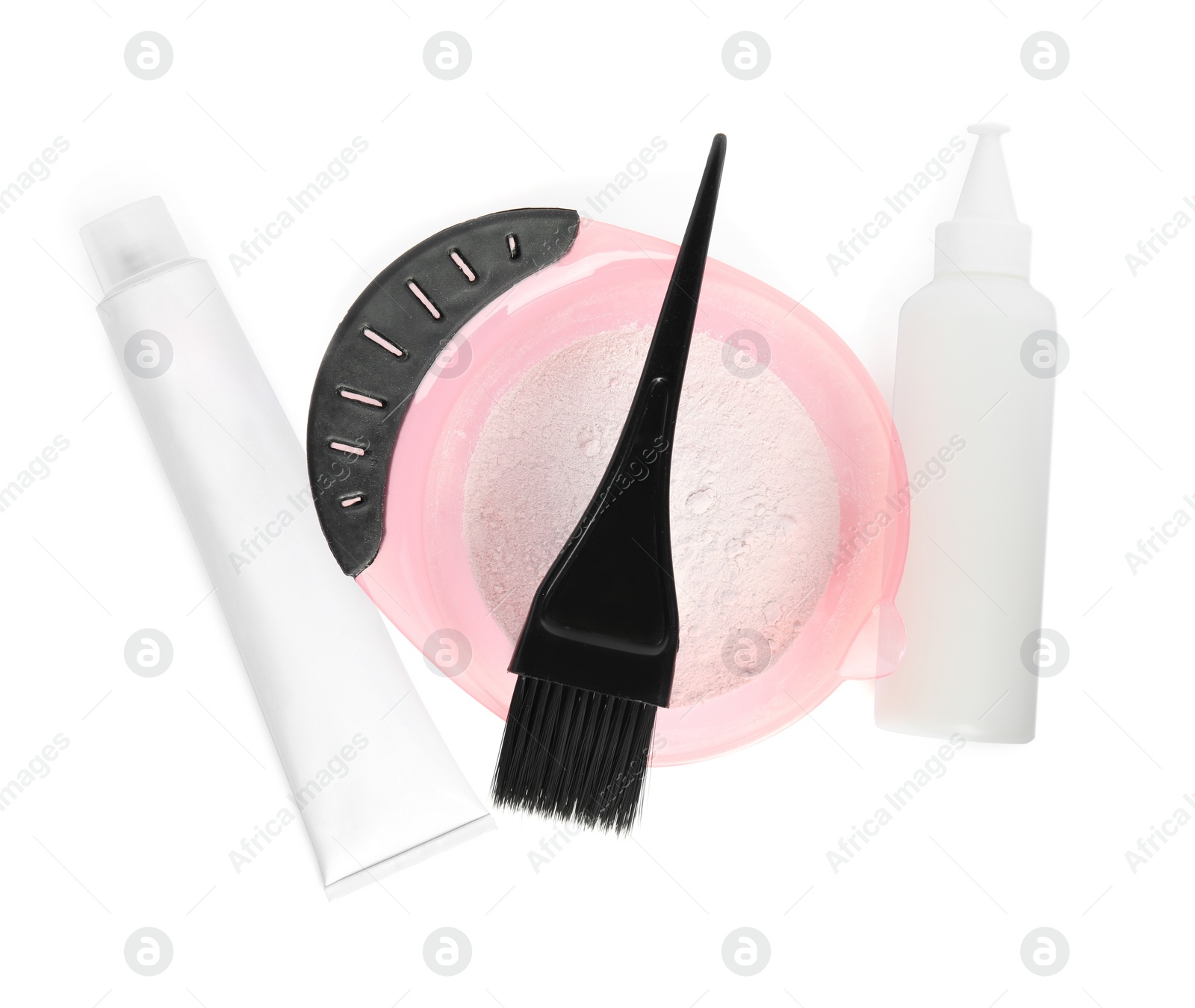 Photo of Professional tools for hair dyeing on white background, top view