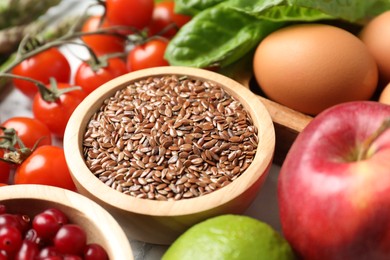 Many different healthy food on table, closeup