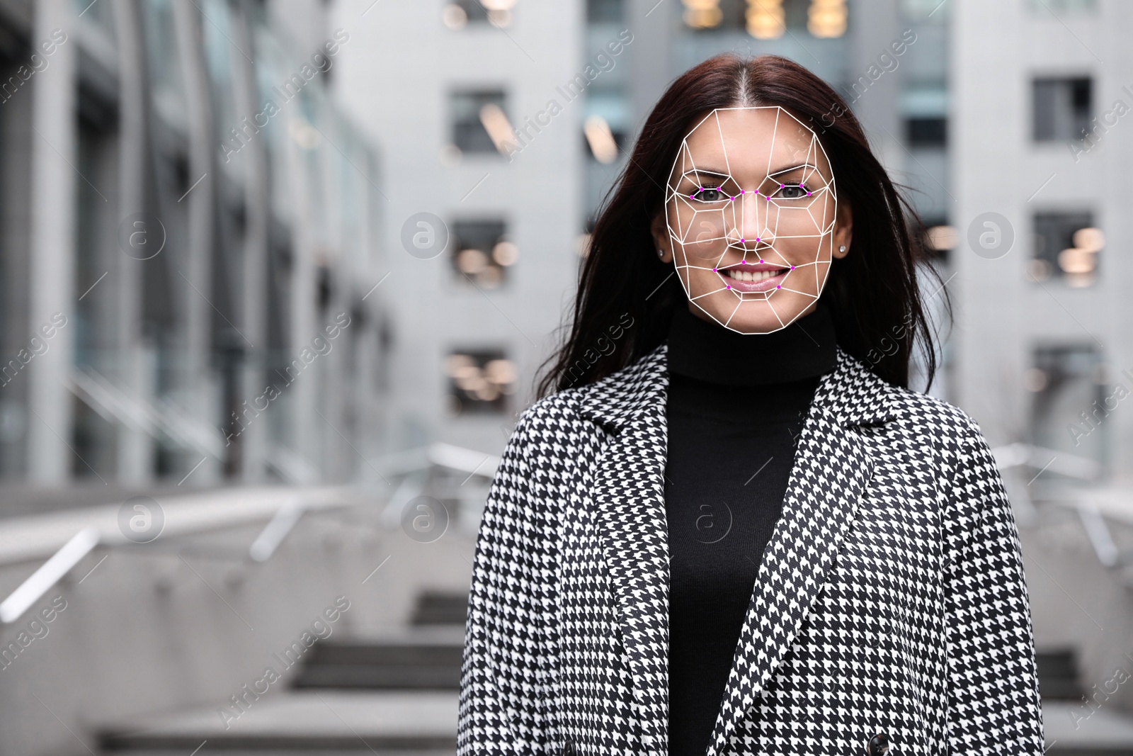 Image of Facial recognition system. Mature woman with digital biometric grid, outdoors