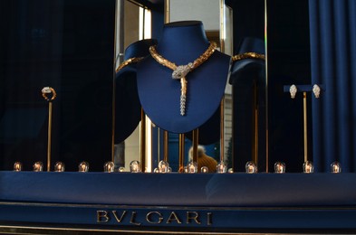 Paris, France - December 10, 2022: Bulgari store display with set of jewelry
