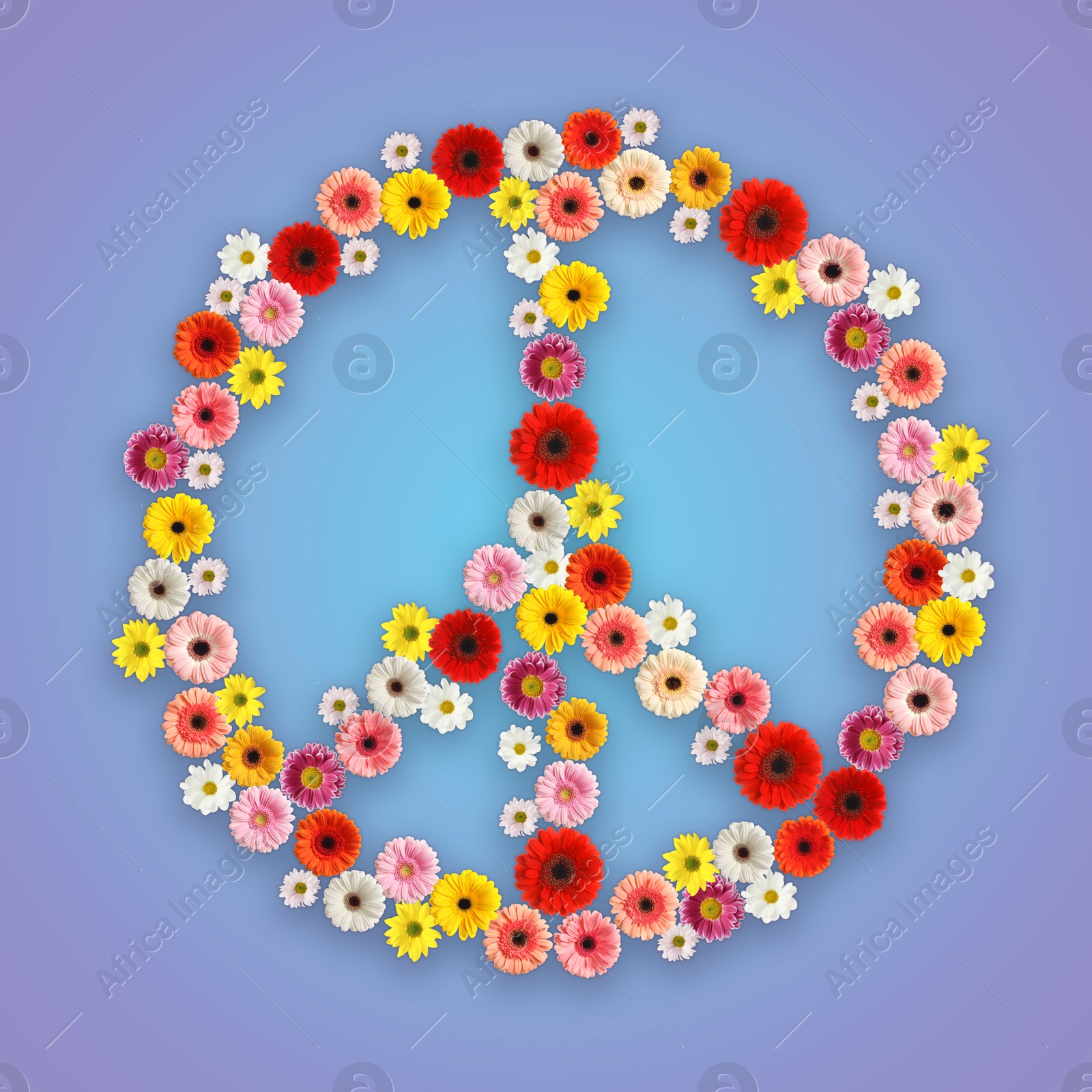 Image of Hippie peace symbol of beautiful flowers on color background