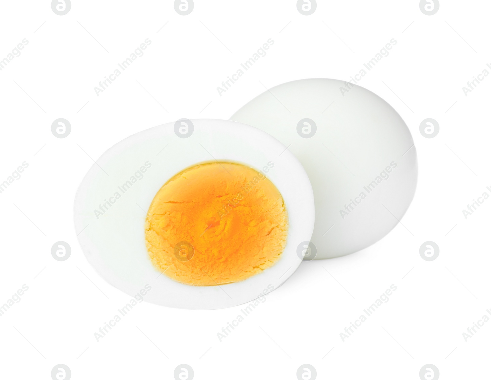 Photo of Fresh peeled hard boiled eggs on white background