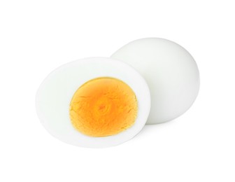 Photo of Fresh peeled hard boiled eggs on white background