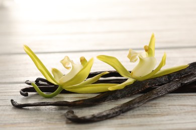 Vanilla pods and beautiful flowers on white wooden table, closeup. Space for text