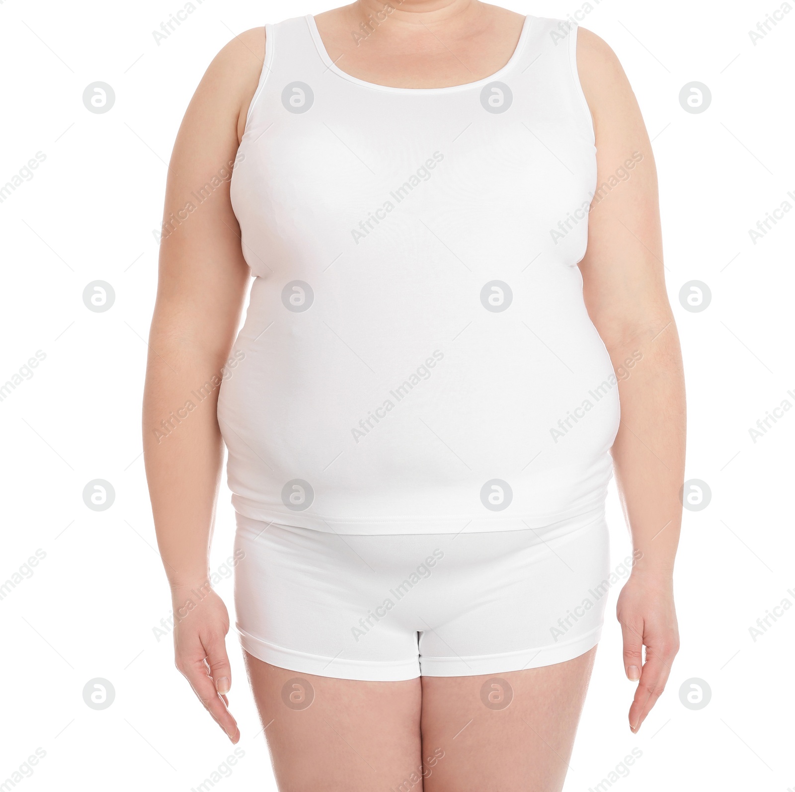 Photo of Overweight woman on white background, closeup. Weight loss