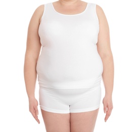 Photo of Overweight woman on white background, closeup. Weight loss