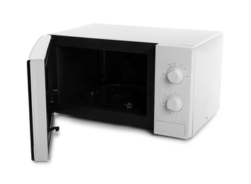 Photo of Open modern microwave oven on white background. Kitchen appliance