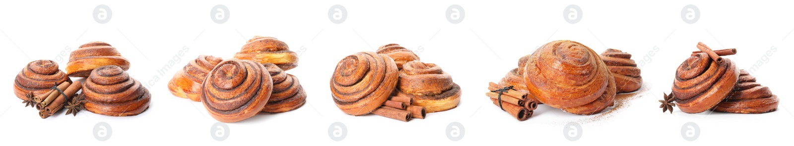 Image of Set with freshly baked cinnamon rolls on white background. Banner design