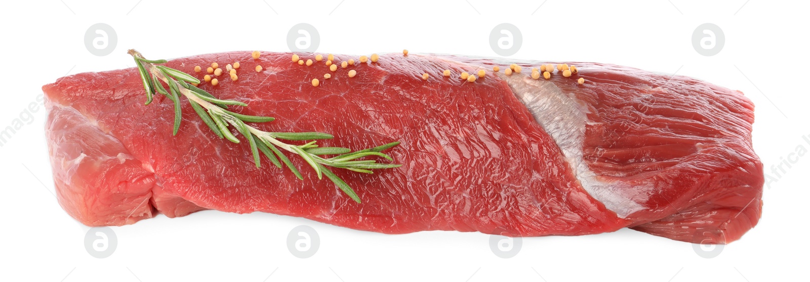 Photo of One raw beef tenderloin and spices isolated on white