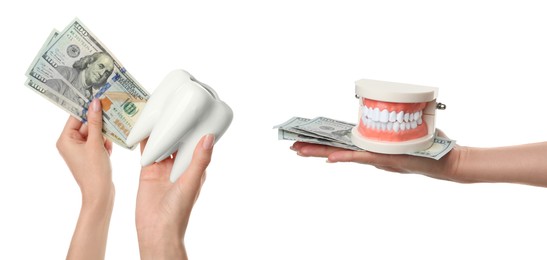 Image of Collage with photos of women holding educational typodont, ceramic model of tooth and money on white background, closeup. Banner design