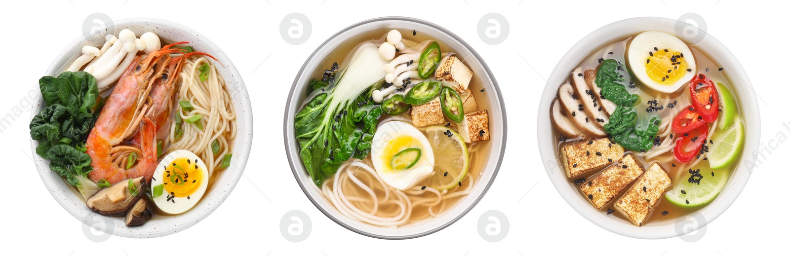 Image of Set with bowls of delicious ramen with different ingredients isolated on white, top view. Noodle soup