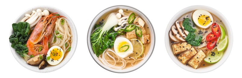 Set with bowls of delicious ramen with different ingredients isolated on white, top view. Noodle soup