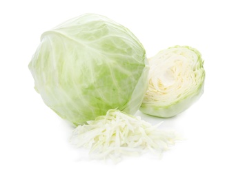 Whole and cut fresh ripe cabbages on white background