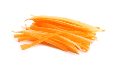 Photo of Cut fresh ripe carrot on white background