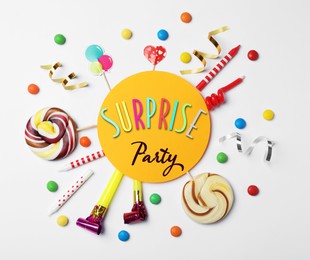 Image of Flat lay composition with different items for surprise party on white background