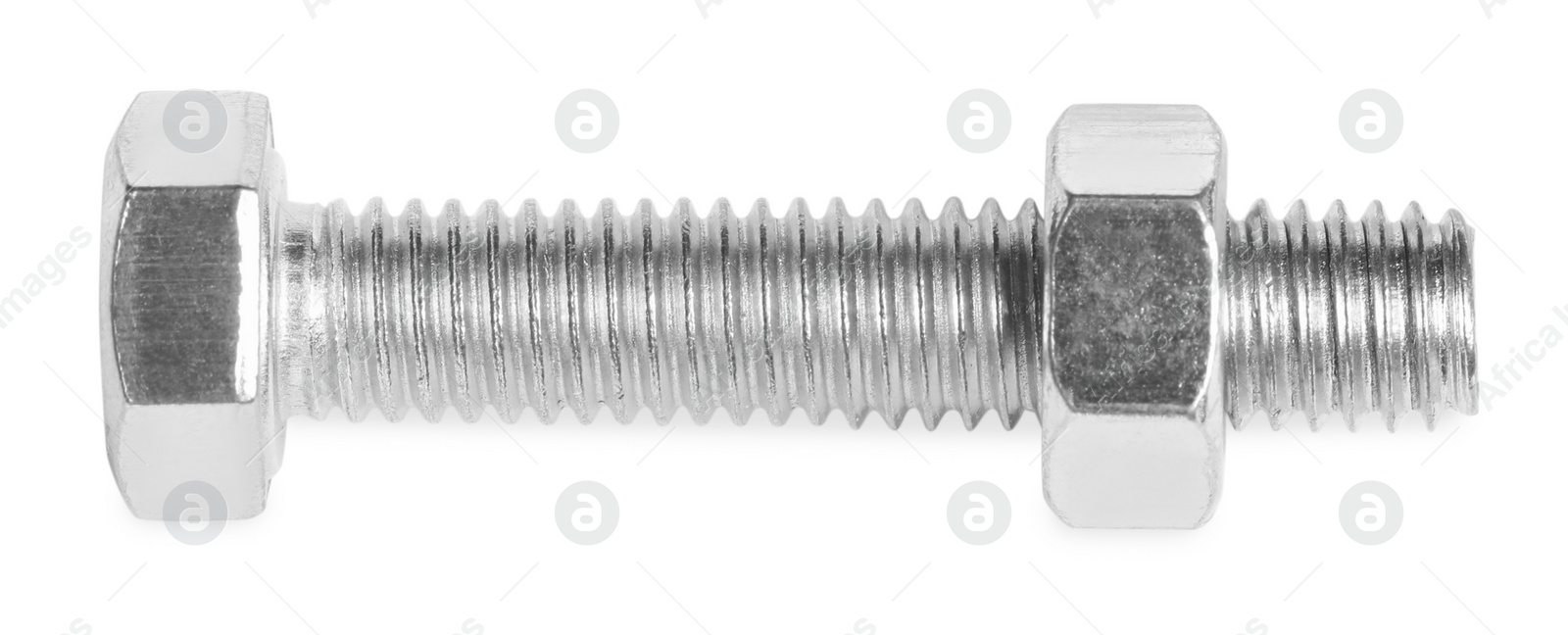Photo of Metal bolt with hex nut on white background, top view