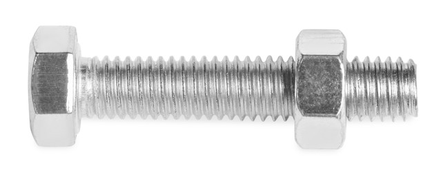 Photo of Metal bolt with hex nut on white background, top view