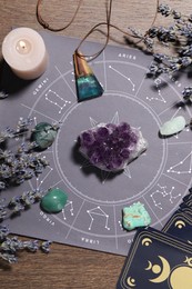 Astrology prediction. Zodiac wheel, gemstones, tarot cards and burning candle on wooden table, flat lay