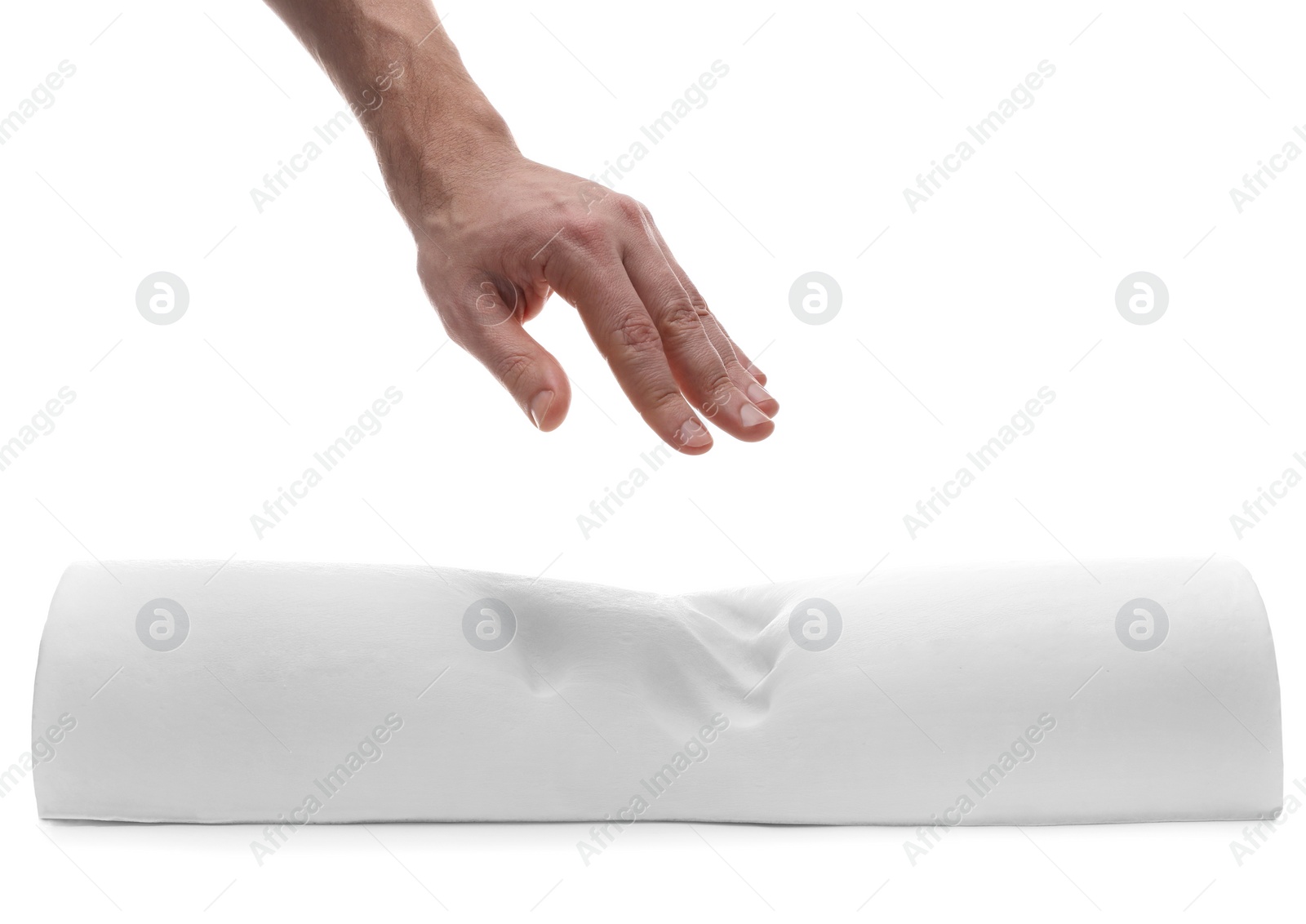 Photo of Man with orthopedic memory foam pillow on white background, closeup