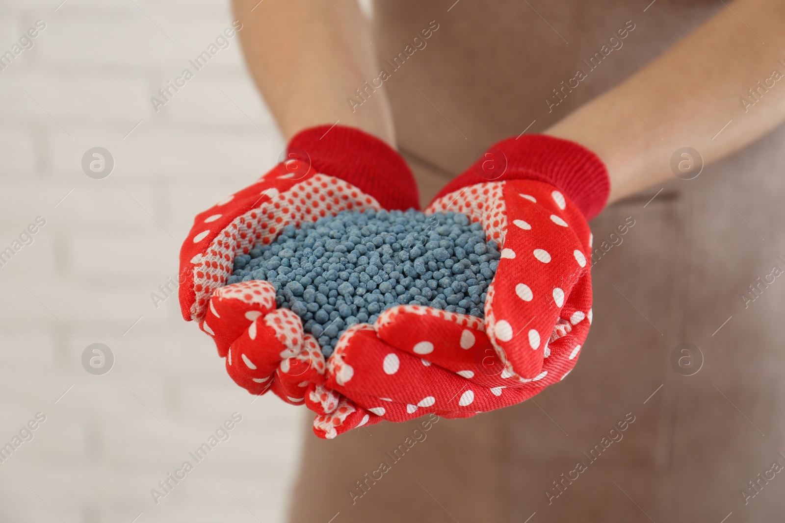 Photo of Woman holding pile of granular mineral fertilizer on blurred background, closeup