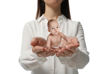 Surrogacy concept. Woman holding cute little baby on white background, closeup