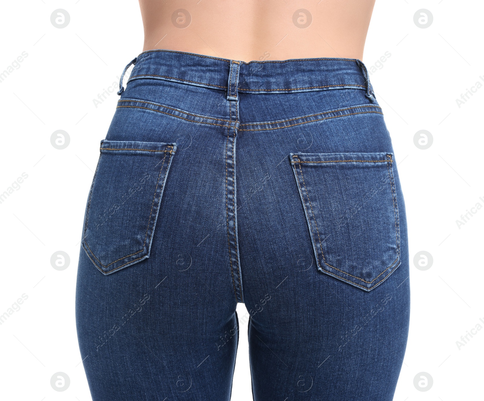 Photo of Woman in stylish jeans on white background, closeup