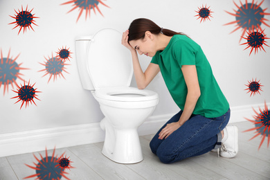 Image of Young woman suffering from nausea at toilet bowl and bacteria illustration. Food poisoning