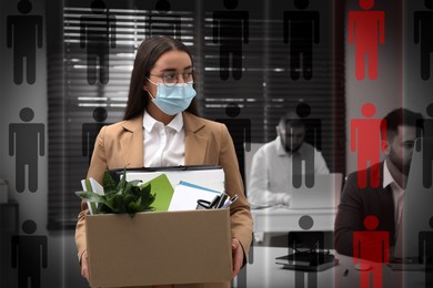 Image of Upset dismissed woman wearing protective mask carrying box with personal stuff in office