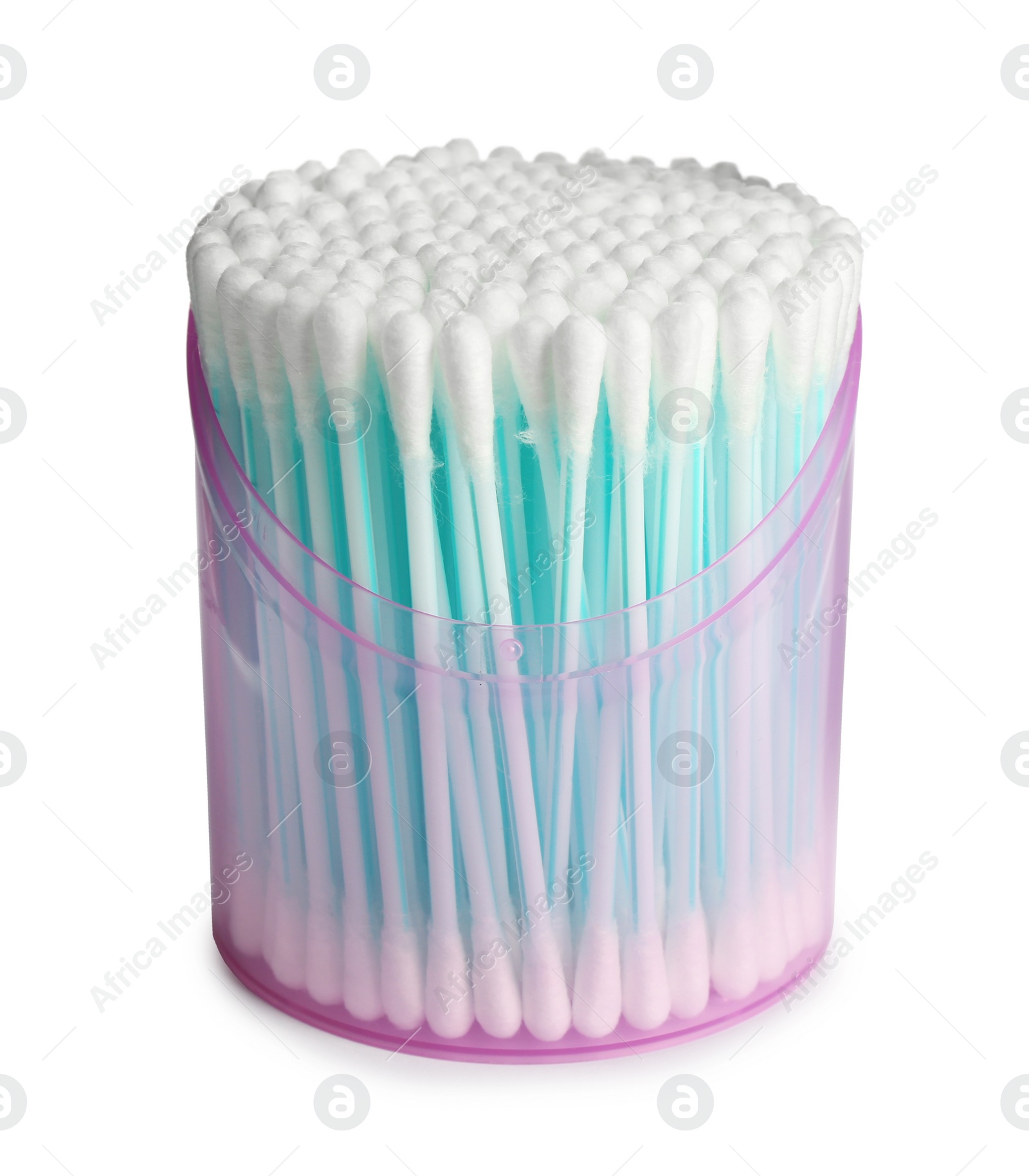 Photo of Plastic container with cotton swabs on white background