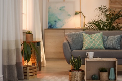 Living room interior with green houseplants and sofa