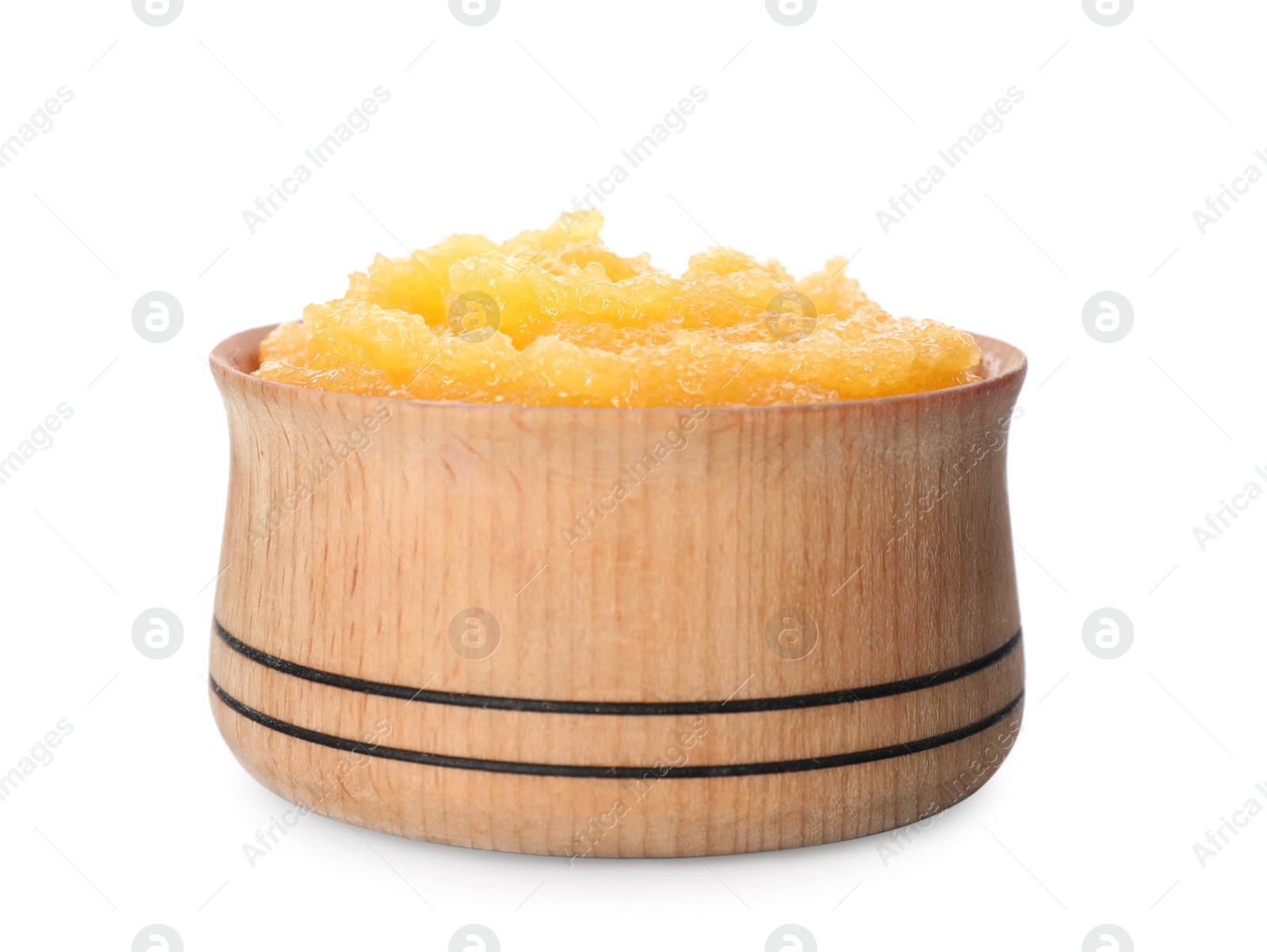 Photo of Wooden bowl of yellow body scrub isolated on white