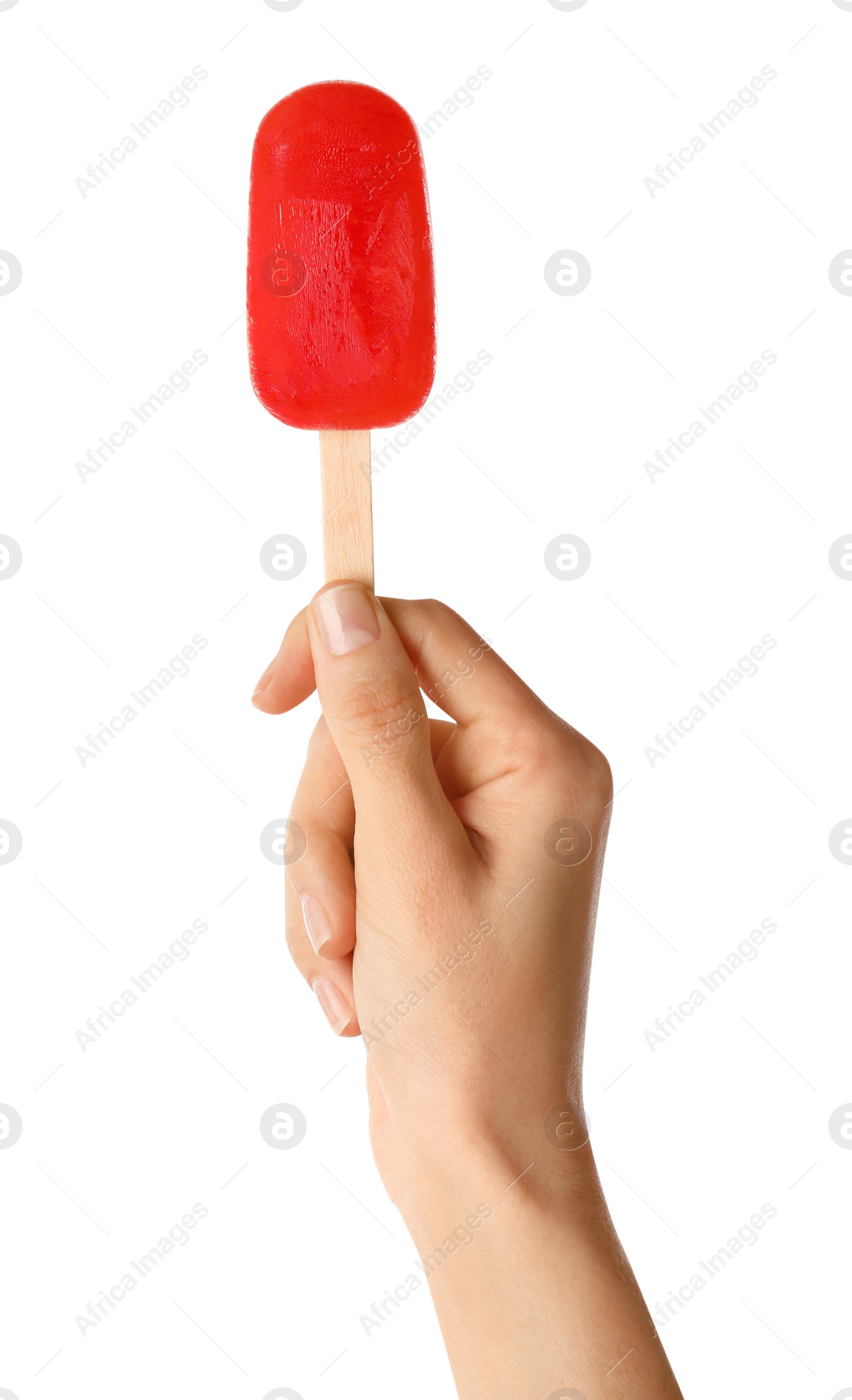 Photo of Woman holding tasty fruit ice pop on white background, closeup