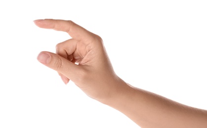 Photo of Woman pointing at something on white background, closeup of hand