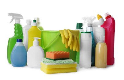 Set of different cleaning supplies on white background