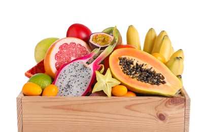 Photo of Wooden crate with different exotic fruits on white background
