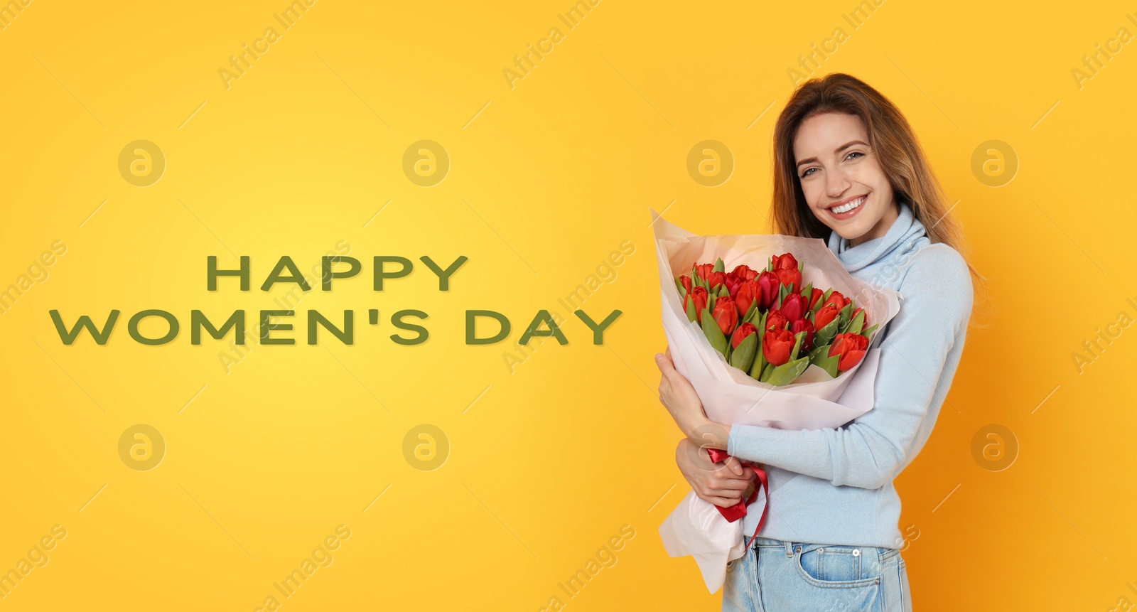 Image of Happy Women's Day, Charming lady holding bouquet of beautiful flowers on golden background