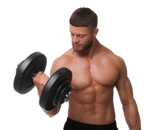 Photo of Young bodybuilder exercising with dumbbell on white background