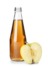 Bottle of apple juice and fresh fruit on white background