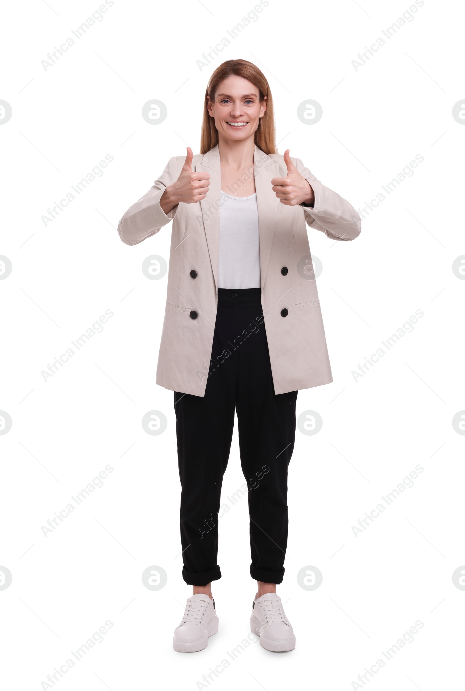 Photo of Beautiful happy businesswoman showing thumbs up on white background