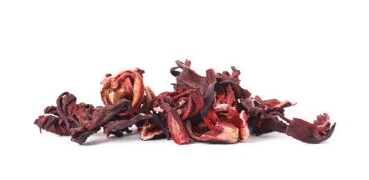 Pile of dry hibiscus tea isolated on white