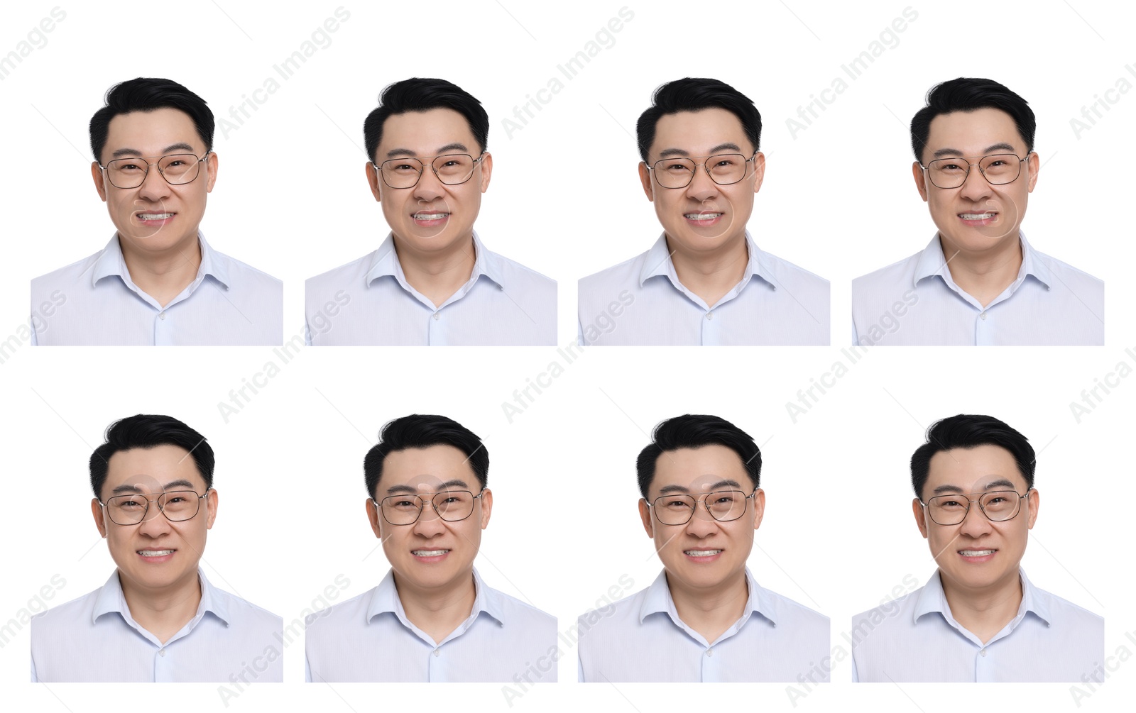 Image of Passport photo, collage. Man on white background, set of photos