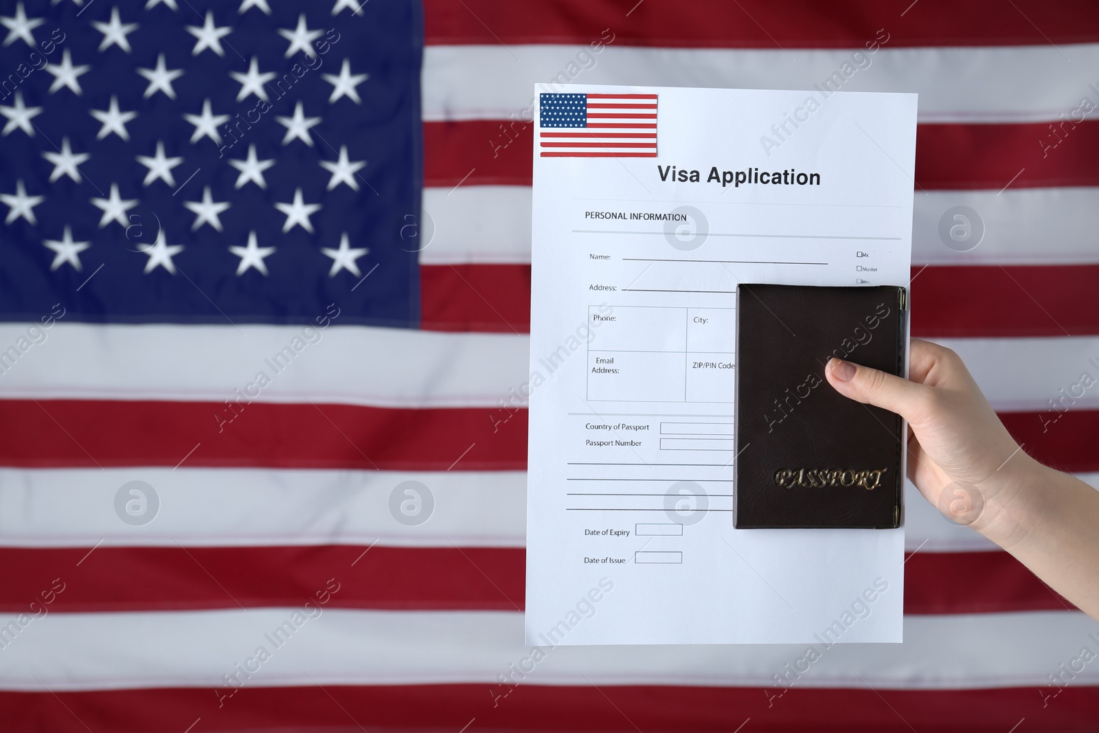 Photo of Woman holding visa application form and passport against American flag, closeup. Space for text