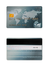 Modern credit card on white background, front and back view